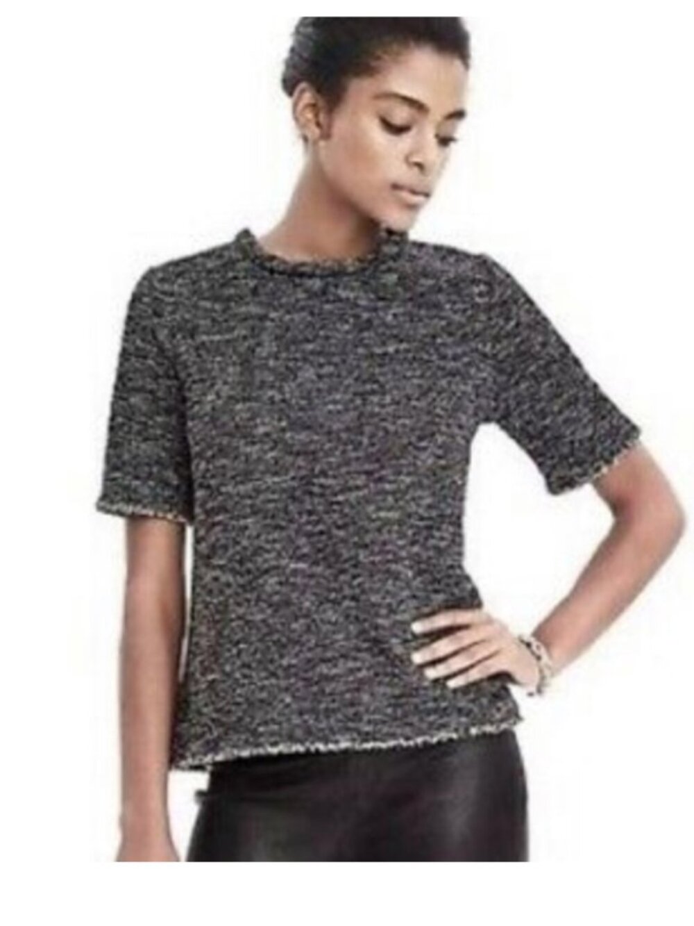 Banana Republic Black & White Tweed Exposed Zip Short Sleeve Top - XL